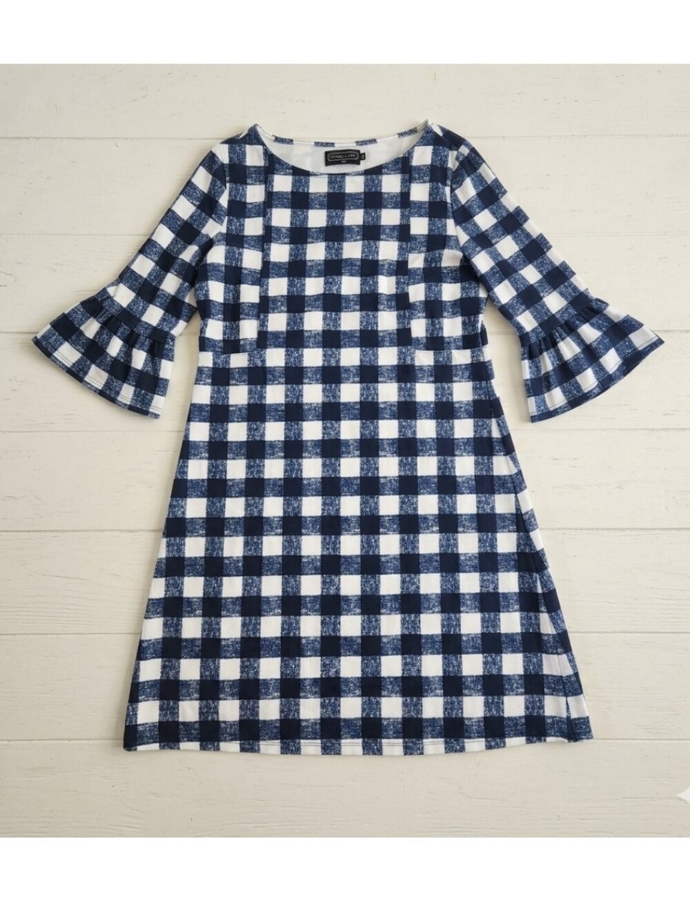 Duffield Lane Navy and White Gingham Ruffle-Sleeve Midi Dress Size M